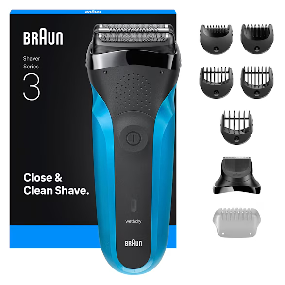 BRAUN Herrenrasierer wiederaufladbar 3 Klingen Wet&Dry LED 30min Laufzeit 1 Zubehör+5 Aufsätze, blau
