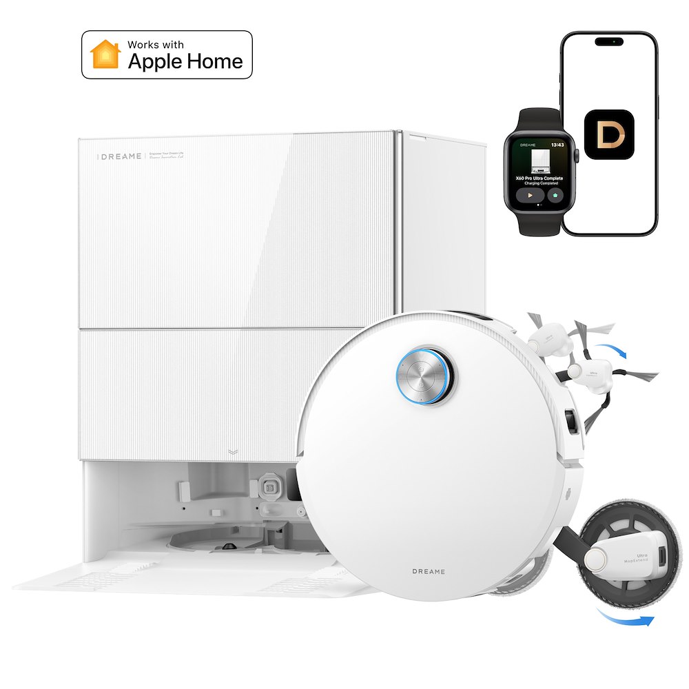 Robot lavapavimenti e aspirapolvere DREAME AI UltraExtend con base bianco