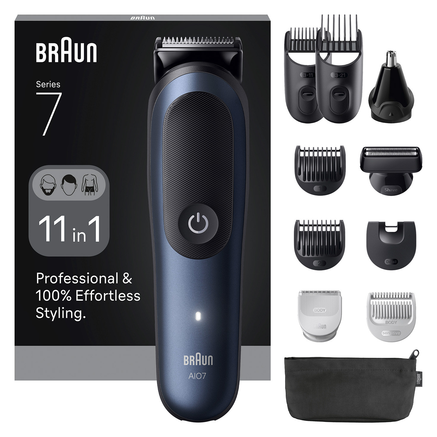 BRAUN Bart-/Haar-/Ohr-/Nasen-/Körpertrimmer 11-in-1 mit 14 Längeneinstellungen und 6 Aufsätzen