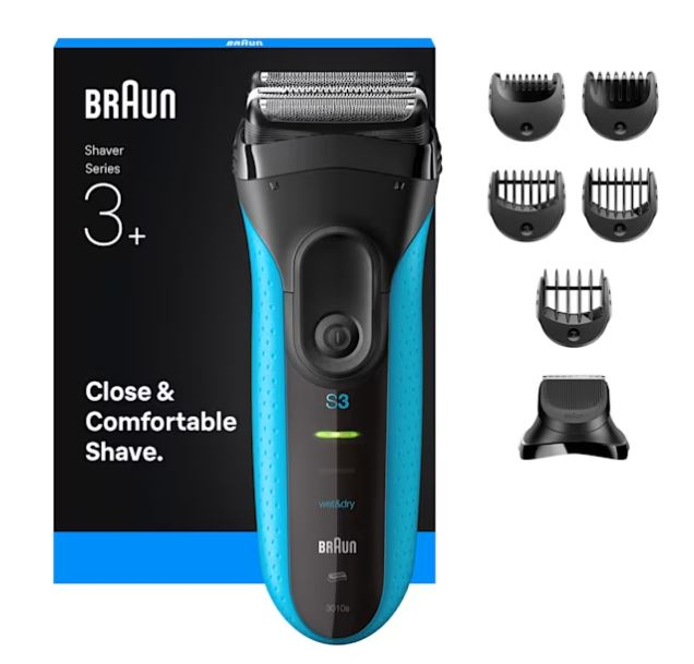 Braun Rasierer Series 3, 3 Klingen, Wet&Dry, LED, 45 Min Akku, 1 Aufsatz + 5 Kämme, blau